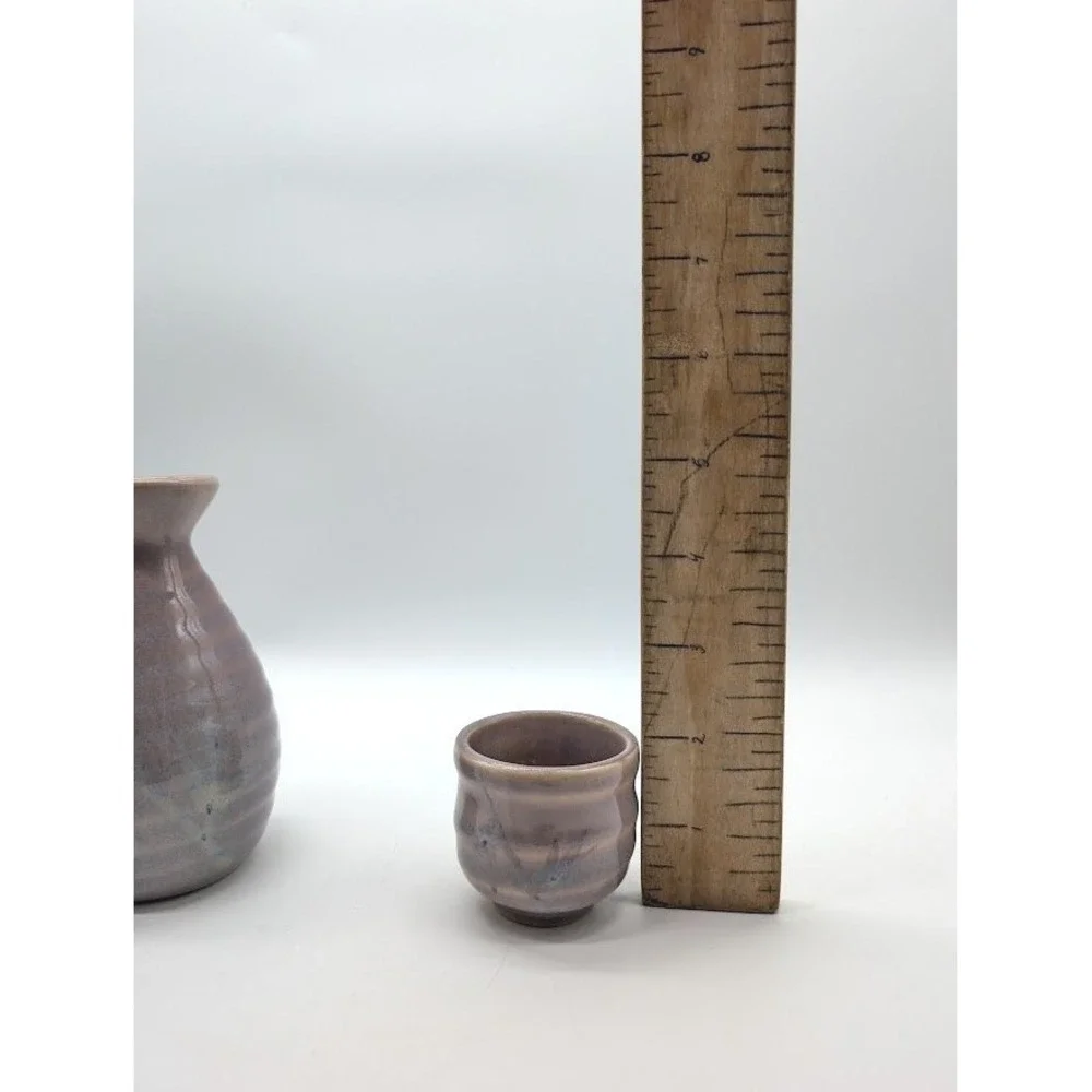 Vintage‎ Handmade Japanese Ceramic Sake Tokkuri Carafe Ochoko Cups Glazed Purple